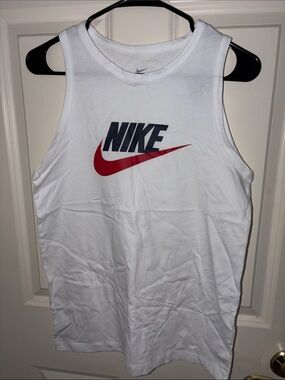 Nike White Tank Top with Red Swoosh and Navy Logo